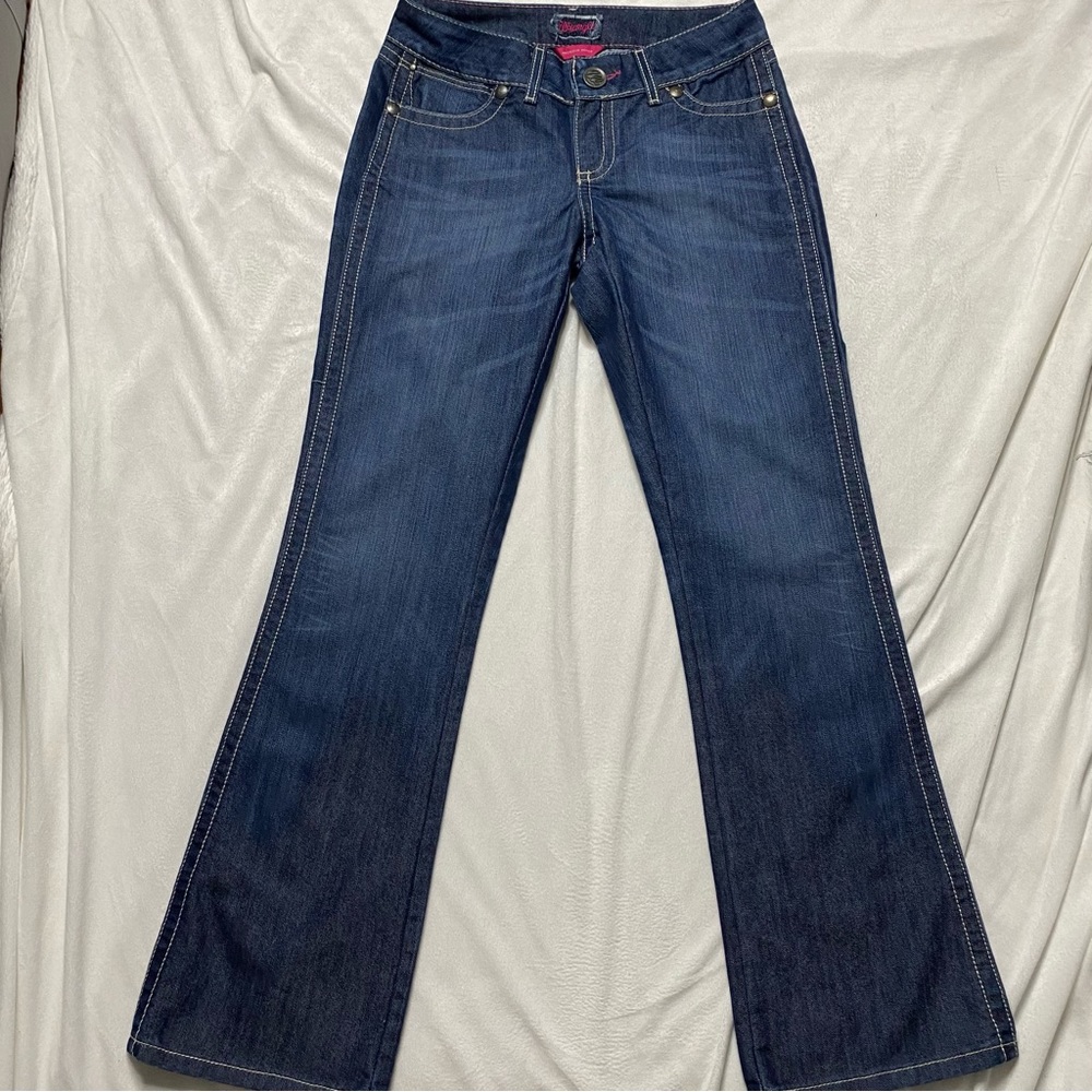WRANGLER PREMIUM PATCH  Womens Denim Jeans Size 3/4X32 Dark Wash Boot Cut